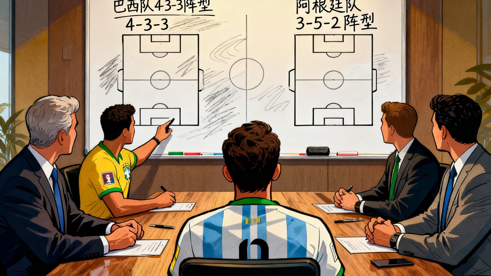 2026世界杯预测团队会议：分析师与战术白板展示阵型推演，多名成员正在讨论巴西队vs阿根廷队的预期阵型